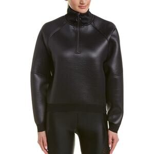NWT AVEC LES FILLES Women's L Pullover Black Shiny Scuba Half Zip Leather Like